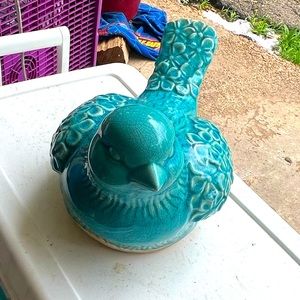 13” Blue Floral Embossed Ceramic SongBird Table Topper